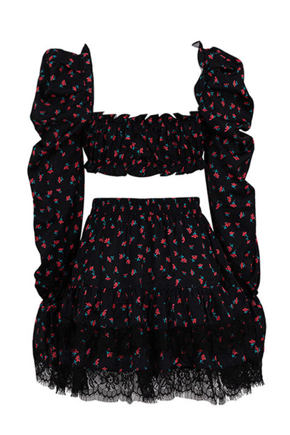 Conjunto de minifalda con mangas abullonadas y estampado floral Ella 