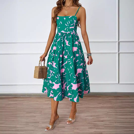 Vacation Spaghetti Strap Backless A line Long Casual Swing Printing Dress Women