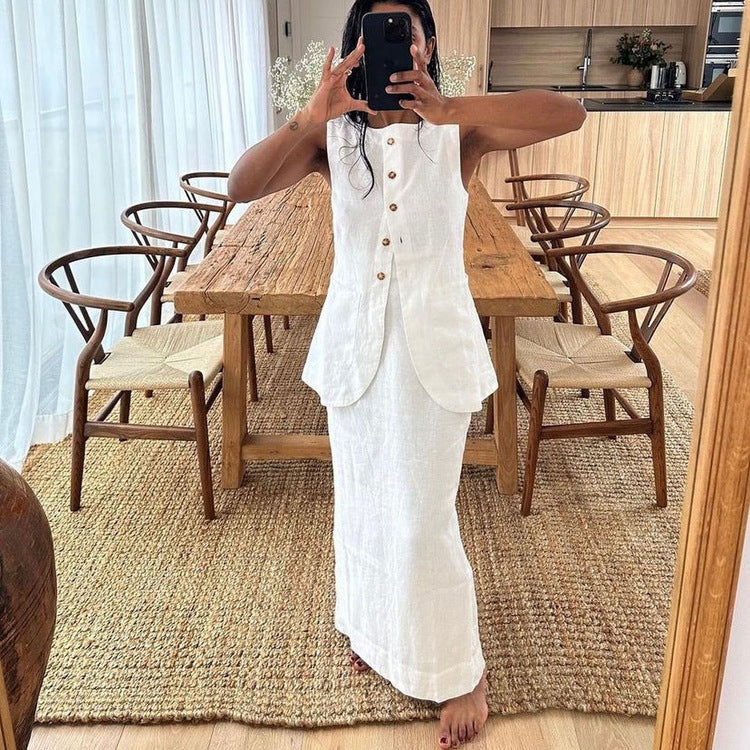 Chaleco blanco sin mangas con cuello cuadrado y falda de cintura alta, traje de alta costura para mujer