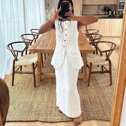 Chaleco blanco sin mangas con cuello cuadrado y falda de cintura alta, traje de alta costura para mujer