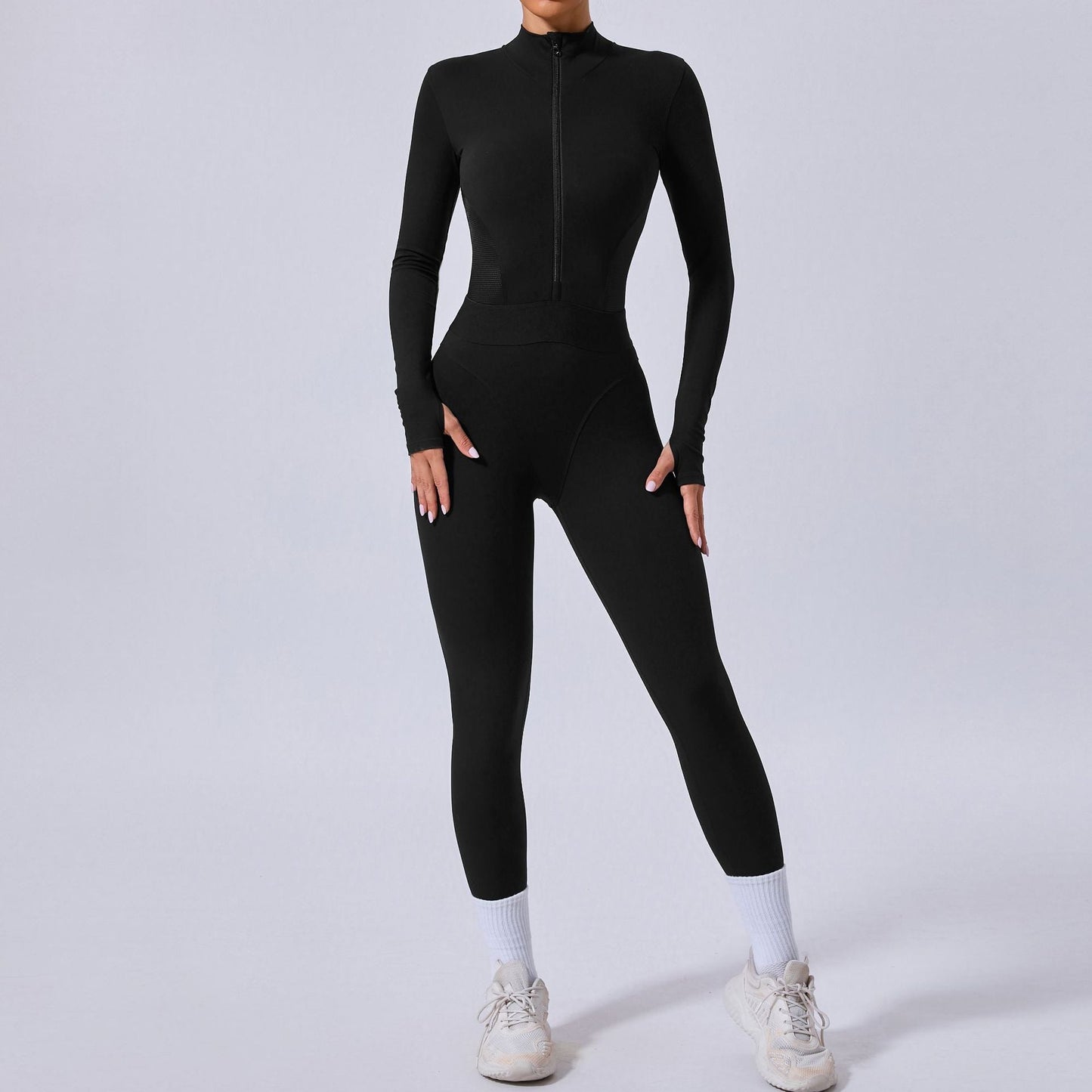 Mono de yoga con costuras de malla en ambos lados, cintura elástica ajustada, costuras con agujeros para los dedos, deportivo, fitness, de una pieza