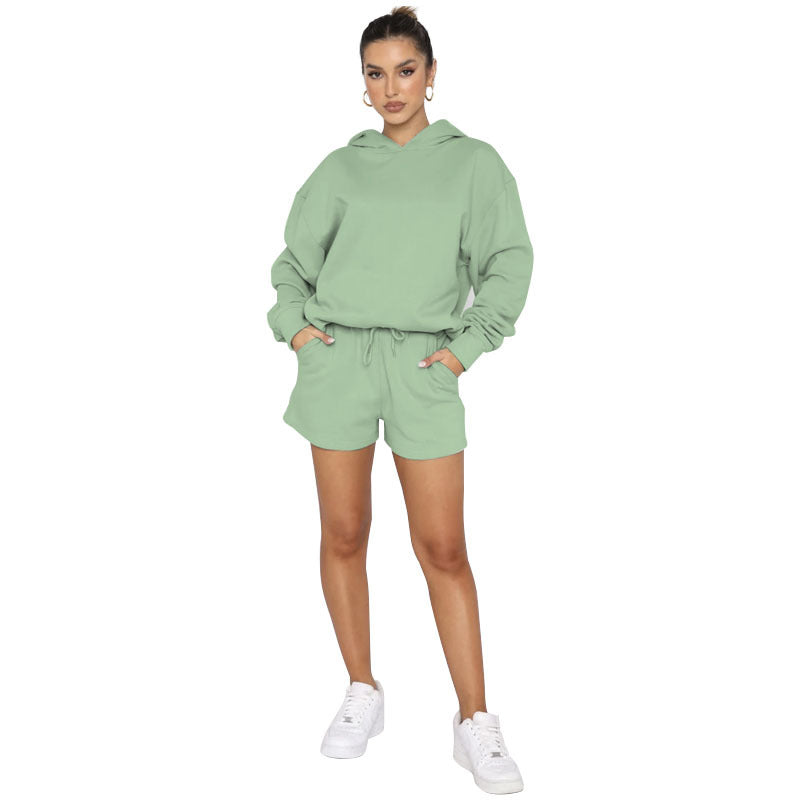 Suéteres de manga larga con capucha y color liso para otoño e invierno, ropa para mujer, pantalones cortos informales, traje