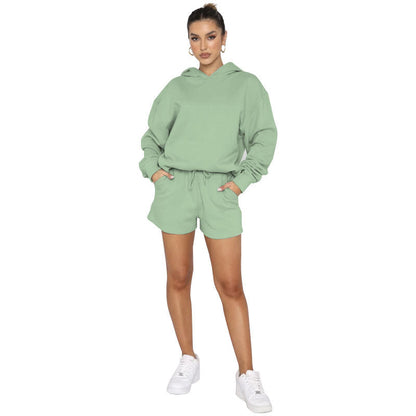 Suéteres de manga larga con capucha y color liso para otoño e invierno, ropa para mujer, pantalones cortos informales, traje