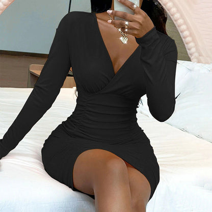 Vestido ajustado de manga larga con cuello en V plisado y escote en V para mujer