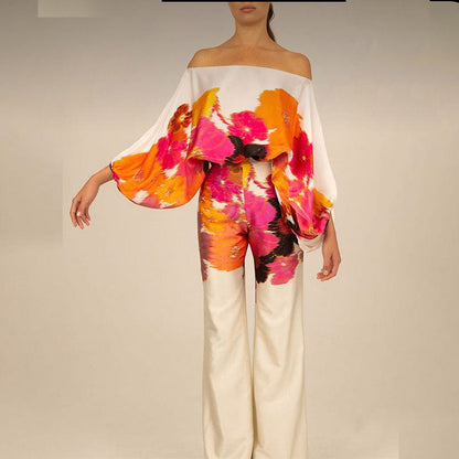 Ropa de mujer, top holgado con mangas murciélago y pantalones anchos, traje de dos piezas