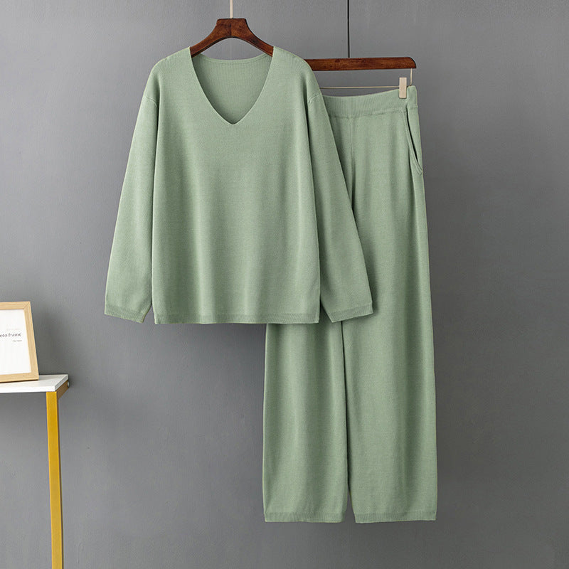 Traje de seda helada con cuello en V de color liso para primavera y otoño, suéter informal de dos piezas con cintura alta y holgado