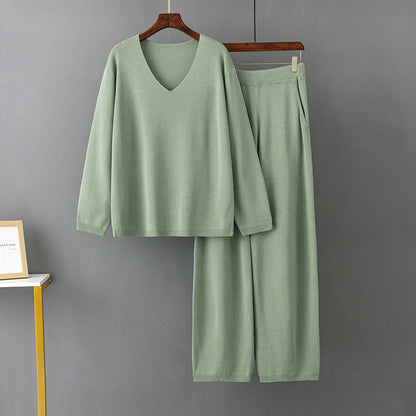 Traje de seda helada con cuello en V de color liso para primavera y otoño, suéter informal de dos piezas con cintura alta y holgado
