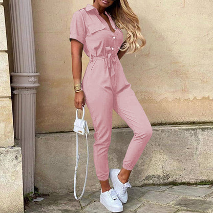 Women Clothing Trousers Casual Collared Button Printed Belt Cargo Overalls Plus size