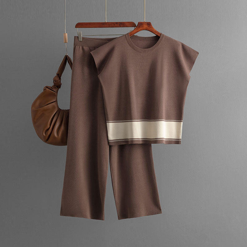 Traje de mujer, ropa de punto, pantalones holgados, adelgazantes, de cintura alta y piernas anchas, traje de dos piezas