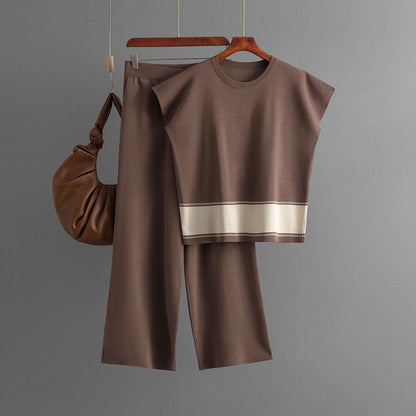Traje de mujer, ropa de punto, pantalones holgados, adelgazantes, de cintura alta y piernas anchas, traje de dos piezas
