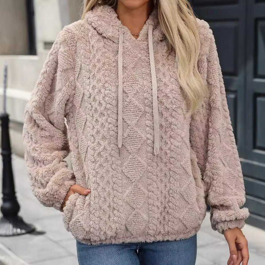 Sudadera con capucha holgada de manga larga de tejido jacquard de felpa para mujer Otoño Invierno
