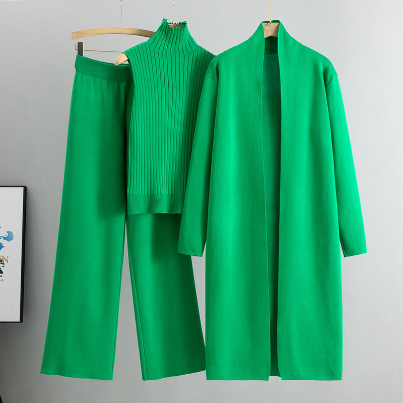 Conjunto de tres piezas de primavera para mujer, traje de punto holgado, cárdigan con chal largo y cuello alto, chaleco y pantalones de pierna ancha