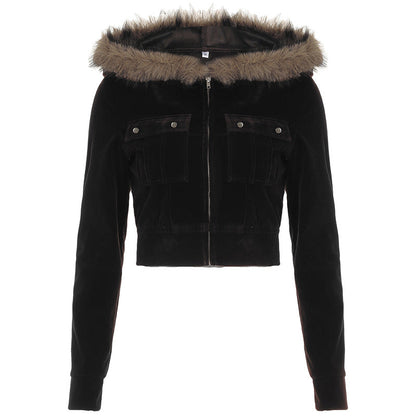 Chaqueta tipo cárdigan con capucha y cremallera con costuras de piel para mujer, diseño de bolsillo, abrigo de terciopelo sexy de color liso para otoño e invierno.