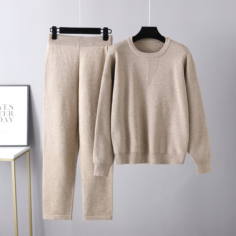 Conjunto de dos piezas de suéter holgado e informal para otoño e invierno, traje de punto de color liso para mujer