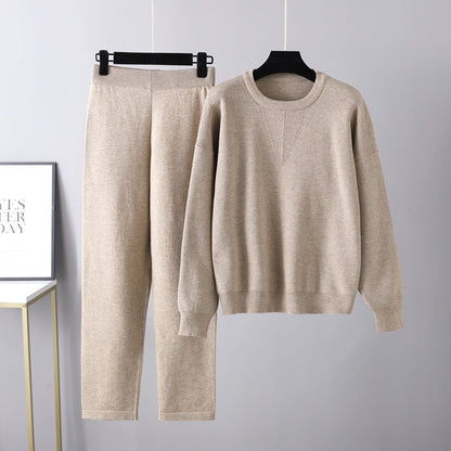 Conjunto de dos piezas de suéter holgado e informal para otoño e invierno, traje de punto de color liso para mujer
