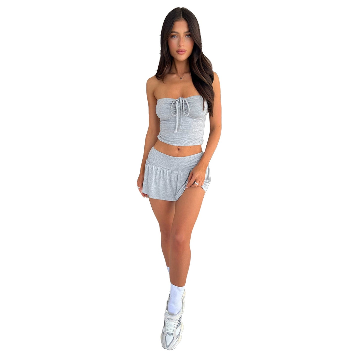 Conjunto de dos piezas de falda y pantalón de doble capa con top de tubo sexy para mujer