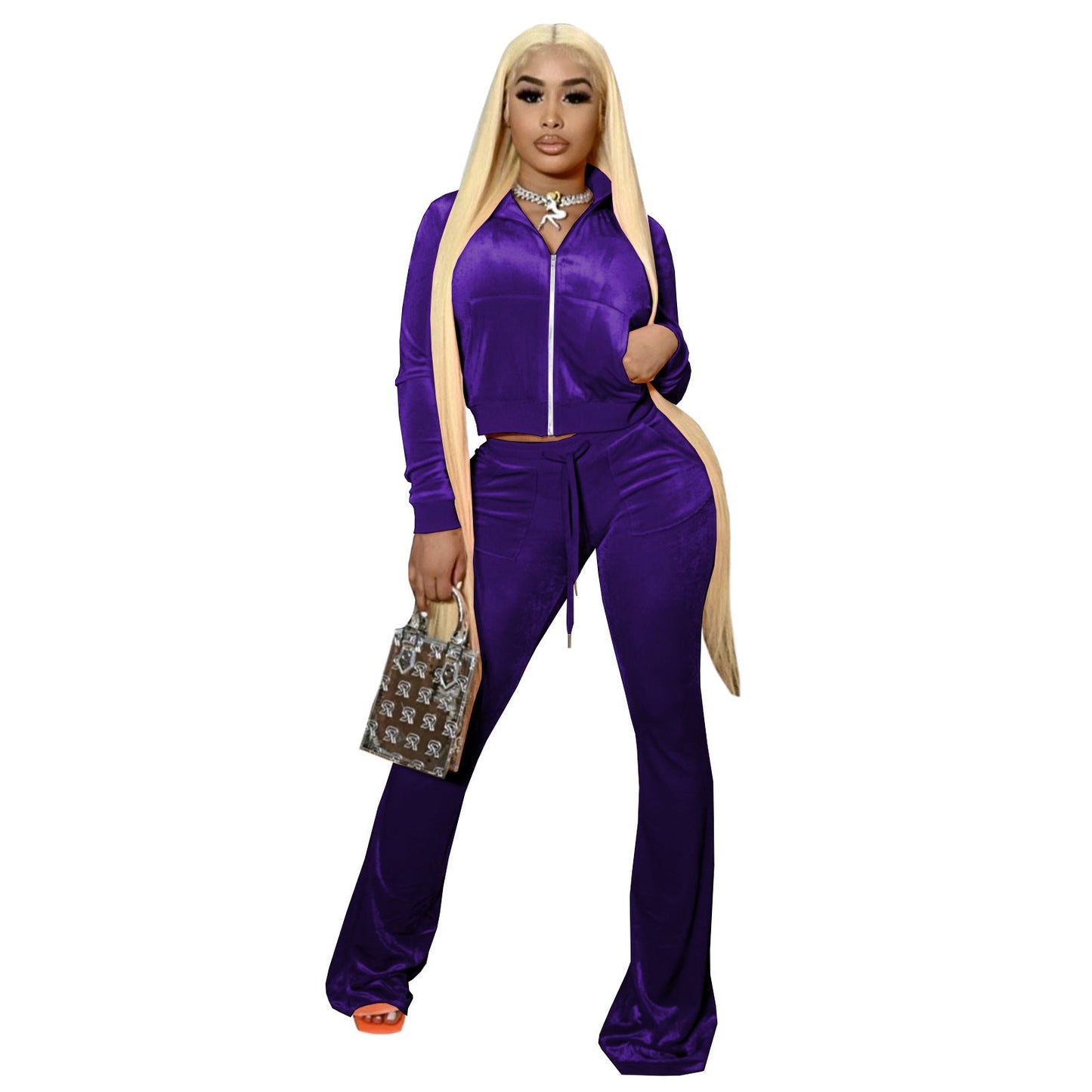 Conjunto deportivo informal de dos piezas para mujer, de terciopelo coreano, color liso, manga larga, sexy y corto