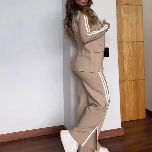Traje informal de dos piezas con cuello polo y pantalones de pierna ancha para mujer de otoño e invierno