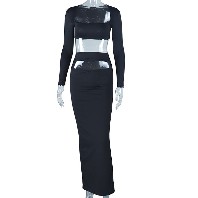 Conjunto de dos piezas formado por top y falda de manga larga, elegante, a la moda, para mujer