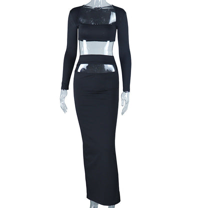 Conjunto de dos piezas formado por top y falda de manga larga, elegante, a la moda, para mujer