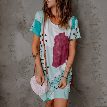 Vestido informal de verano con estampado floral, cuello redondo y manga corta para mujer