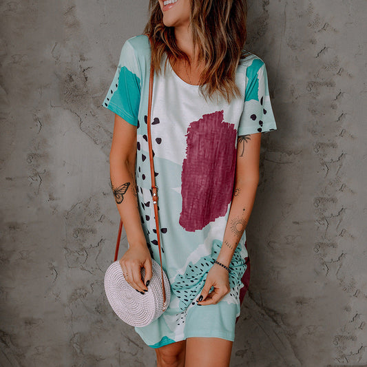 Summer Floral Print round Neck Short Sleeve Casual Dress Women