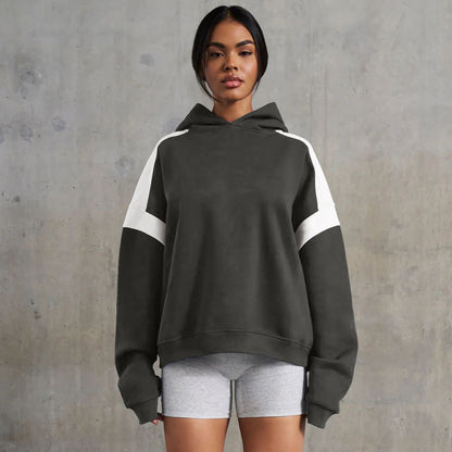 Early Autumn Contrast Color Drop Shoulder High End Women Clothing Varsity Jacket Brand Hoodie Hooded Sweatshirt Outer Women