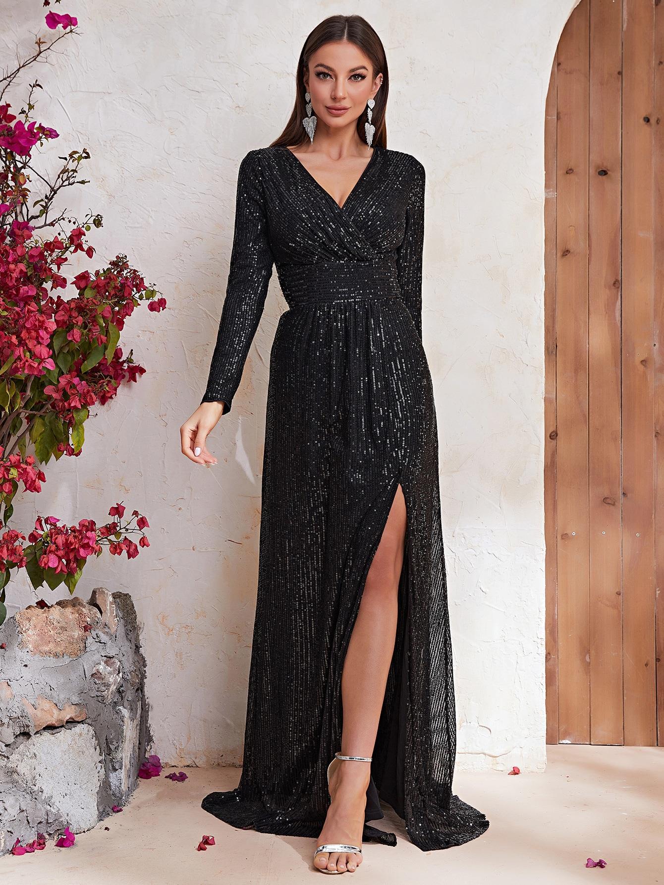 Vestido de noche de fiesta con escote en V y mangas largas con lentejuelas y abertura en la cola de pez