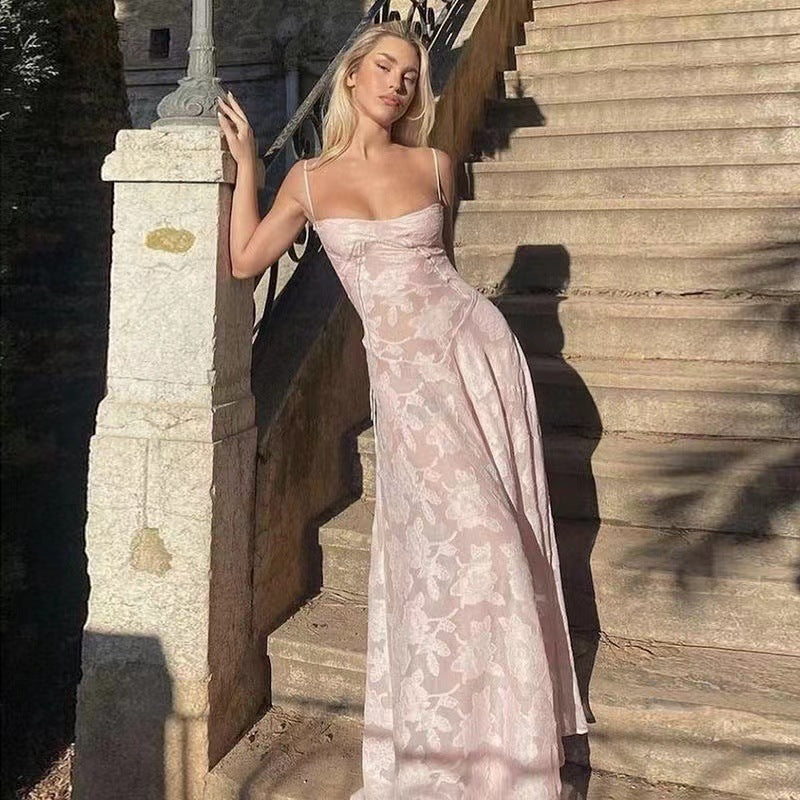 Vestido veraniego sexy transparente con tirantes y corsé para vacaciones en la playa