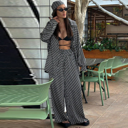 Traje de dos piezas de satén estampado para mujer, camisa holgada de manga larga y pantalones de primavera