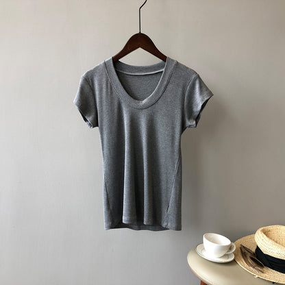 Camiseta de color liso para mujer, camiseta de verano sencilla con cuello en U, camiseta elástica adelgazante para mujer