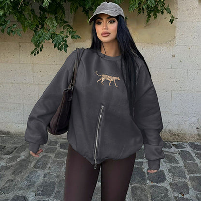 Ropa de mujer, abrigo informal holgado de manga larga con estampado de leopardo y cuello redondo con cremallera para invierno