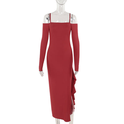 Elegante vestido con hombros descubiertos y abertura para mujer adulta, estilo dama, sexy, ajustado a la cadera.