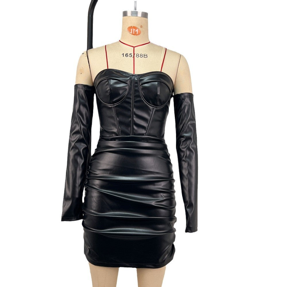 Vestido tubo con paquete de cadera para primavera y verano, sexy, con hombros descubiertos, plisado, de cuero, con deshuesado, corsé con cintura controlada