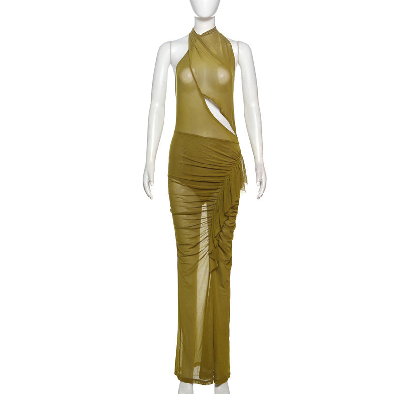 Vestido sexy de primavera para mujer, con diseño asimétrico irregular, plisado, con cordones y espalda descubierta.