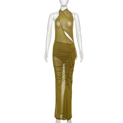 Vestido sexy de primavera para mujer, con diseño asimétrico irregular, plisado, con cordones y espalda descubierta.