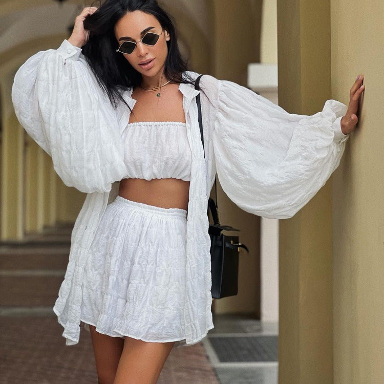 Conjunto de tres piezas formado por camiseta blanca de manga larga y pantalón corto, para mujer, verano, holgado, top de tubo y cintura alta