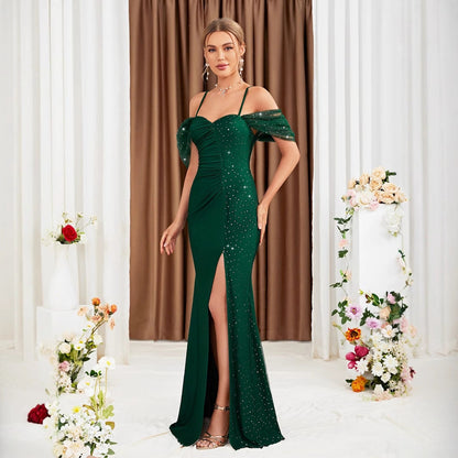 Off Shoulder Spaghetti Straps Evening Dress Slit Slim Fit Fishtail Gown Annual Meeting Performance Host Formal Dress