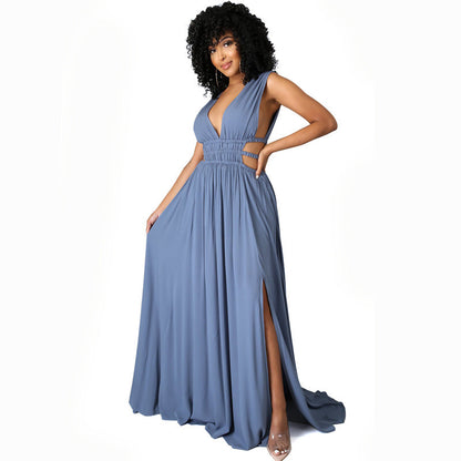 Vestido largo de verano de talla grande para mujer, vestido de seda helada con escote en V y color liso