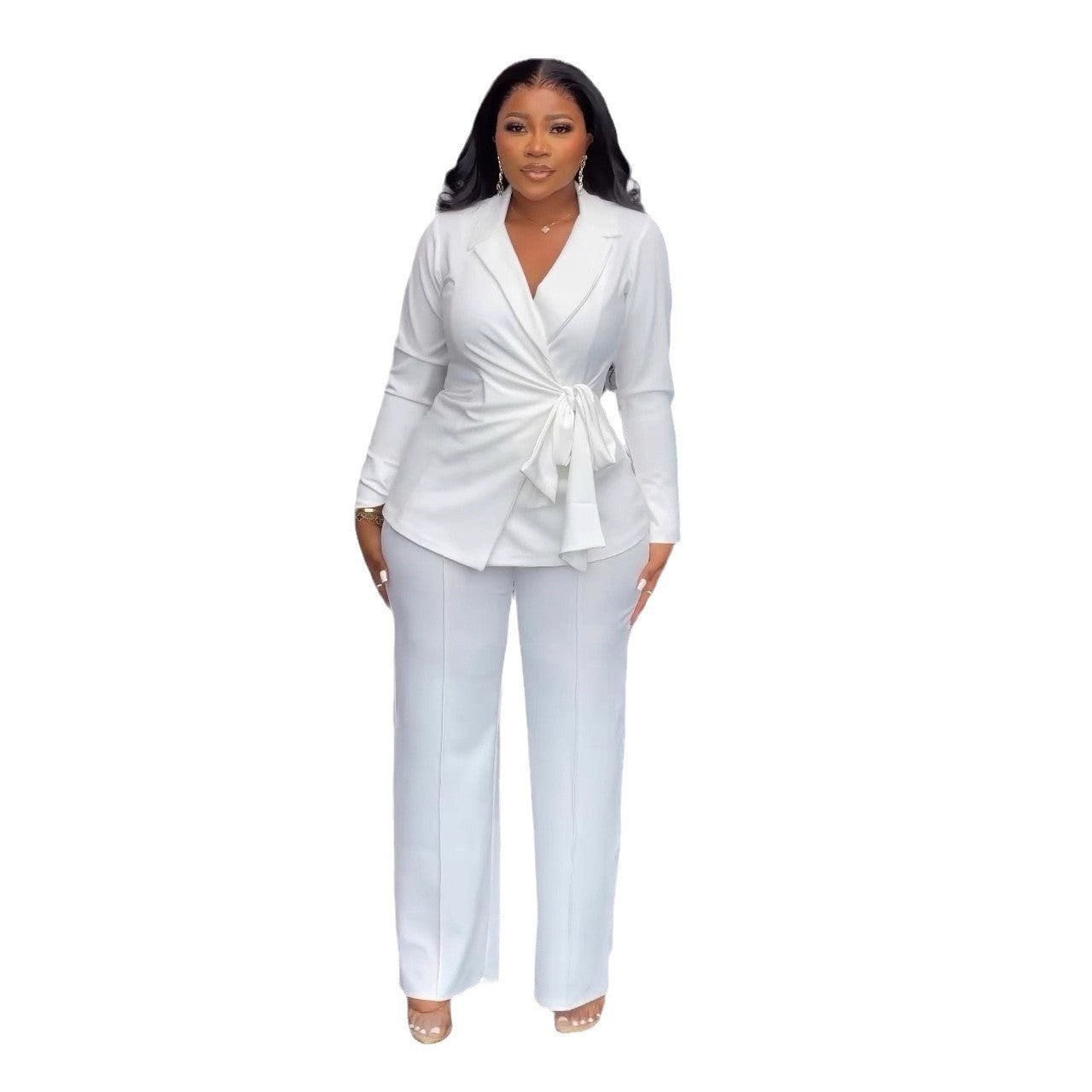 Conjunto de dos piezas de pantalones anchos y lisos con cordones para mujer