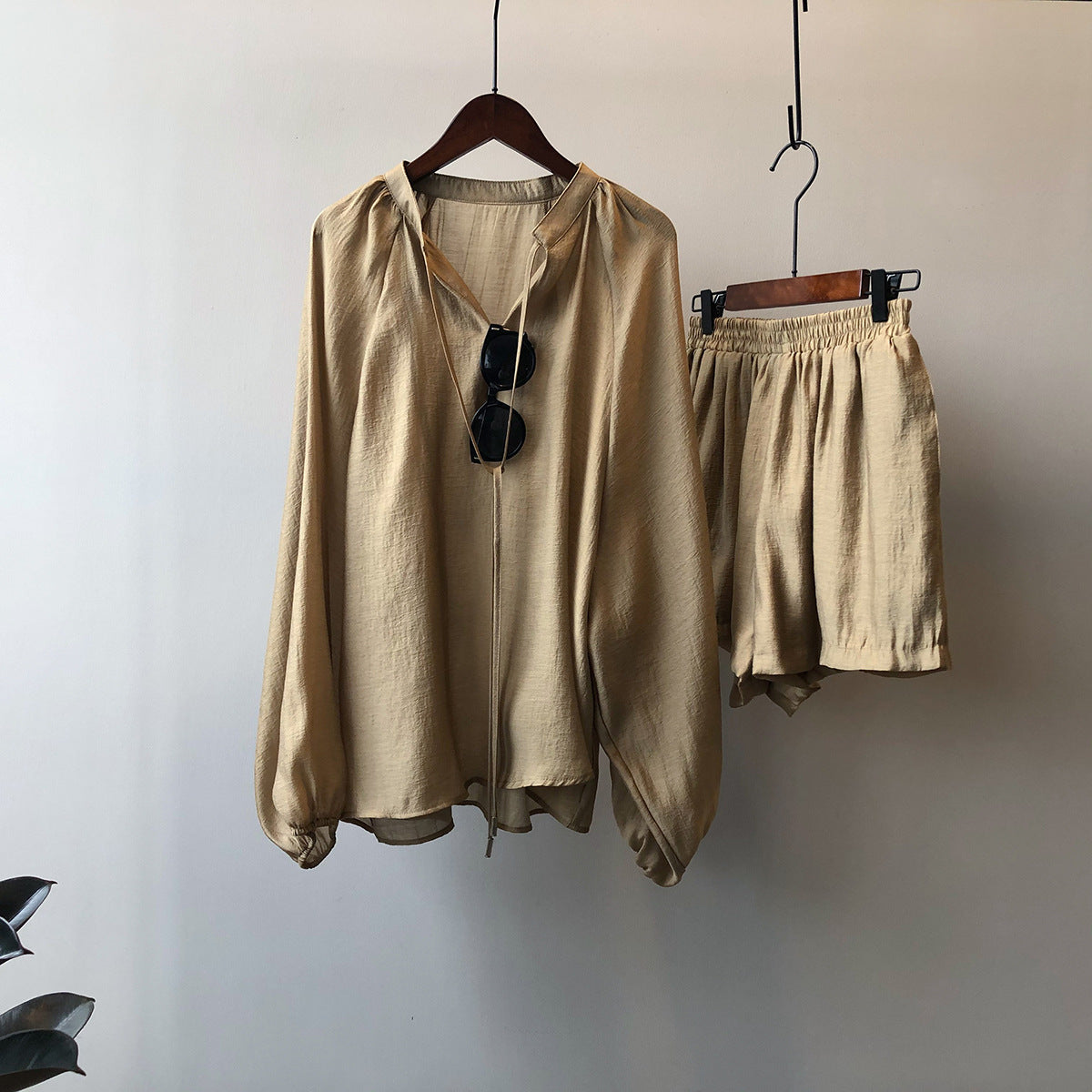 Camisa de manga larga de verano para mujer, pantalones cortos de pierna ancha