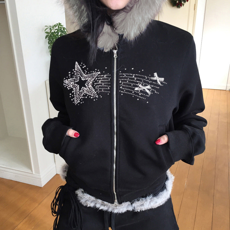 Sudadera con cuello de piel y estampado de estrella de cinco puntas estilo retro, con costuras de bolsillo finas y cremallera de doble cara para otoño e invierno.