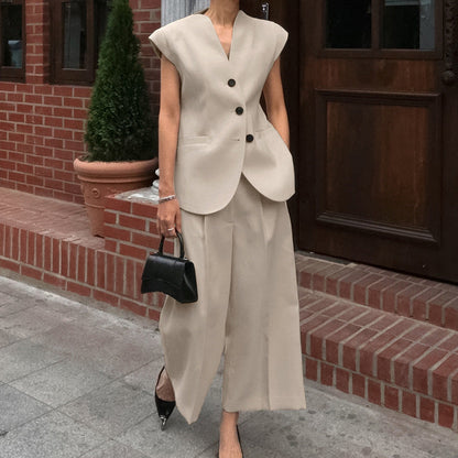 Spring Summer Retro Elegant Khaki V neck Sleeveless Two Piece Sets High Waist Vest Trousers Casual Women Clothing