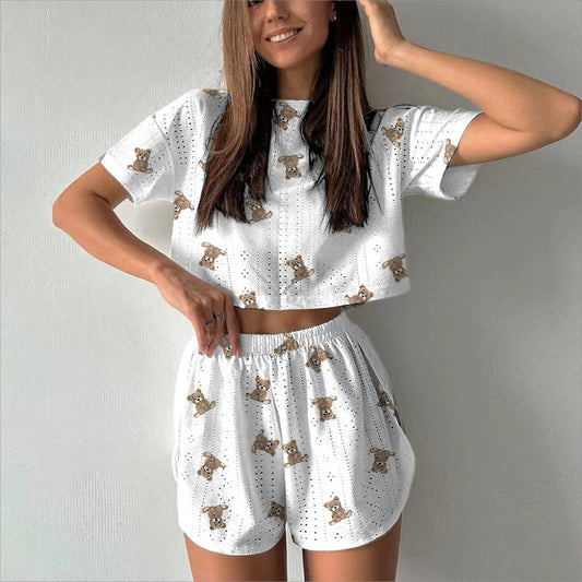 Conjunto deportivo informal de primavera y verano para mujer, con estampado calado y abertura, corto, de dos piezas