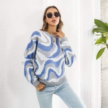 Suéter de brocado teñido anudado para mujer, suéter holgado de punto informal de manga larga para otoño e invierno.