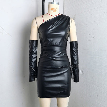 Vestido de piel sintética estilo hipster para mujer, cuello en diagonal, sin mangas, mangas largas, cintura ajustada.