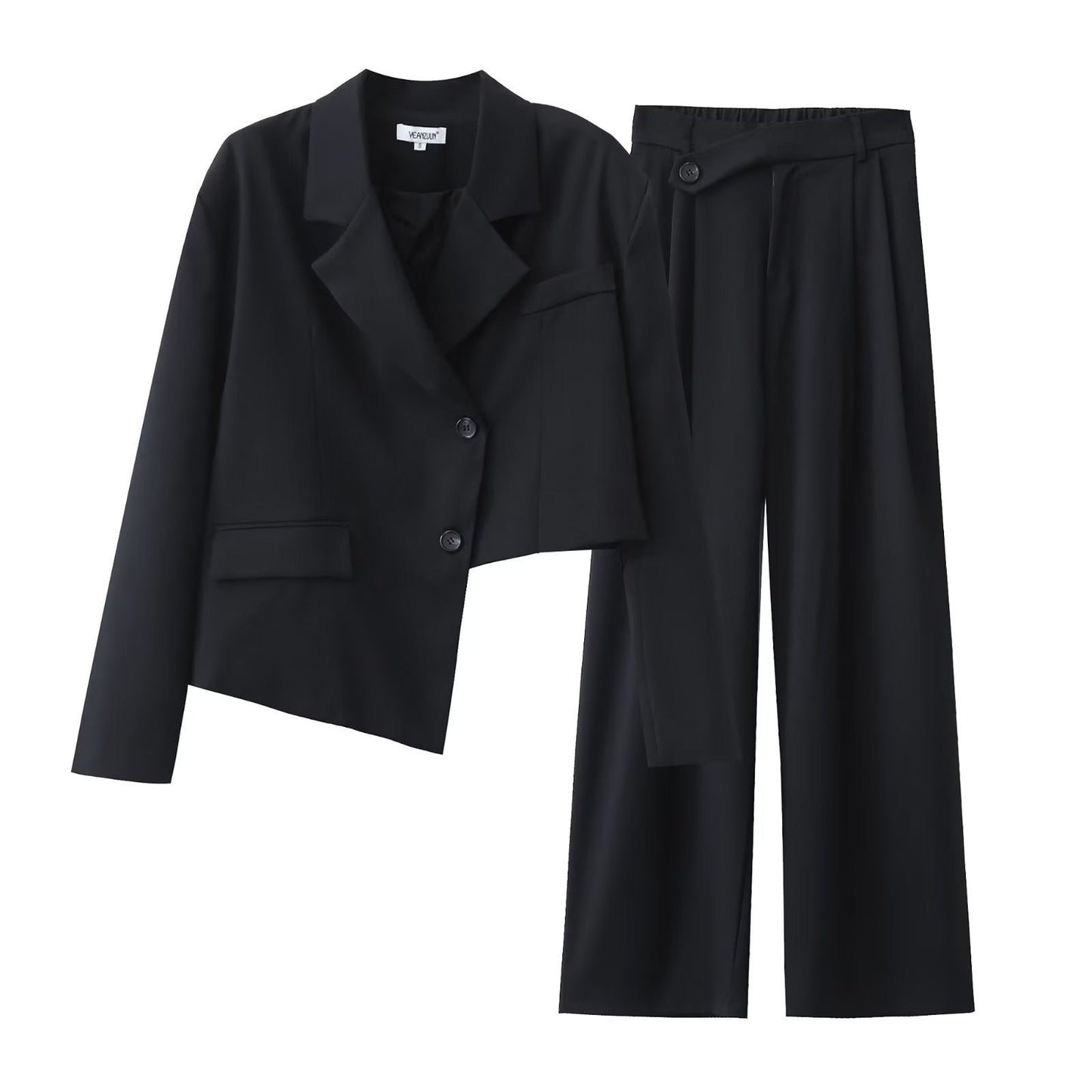 Conjunto de blazer corto con diseño asimétrico irregular para otoño e invierno, pantalones de pierna ancha y cintura alta