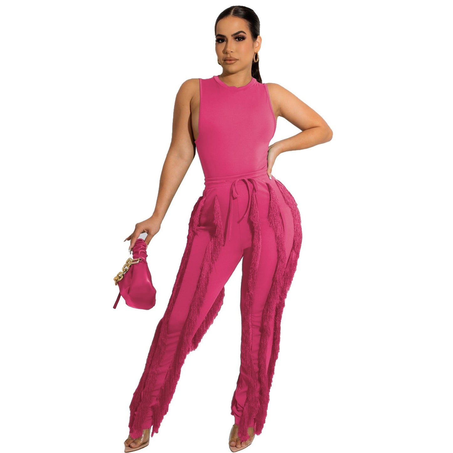 Conjunto de dos piezas para mujer, pantalón con borlas, sin mangas, informal, de encaje, sexy, para verano
