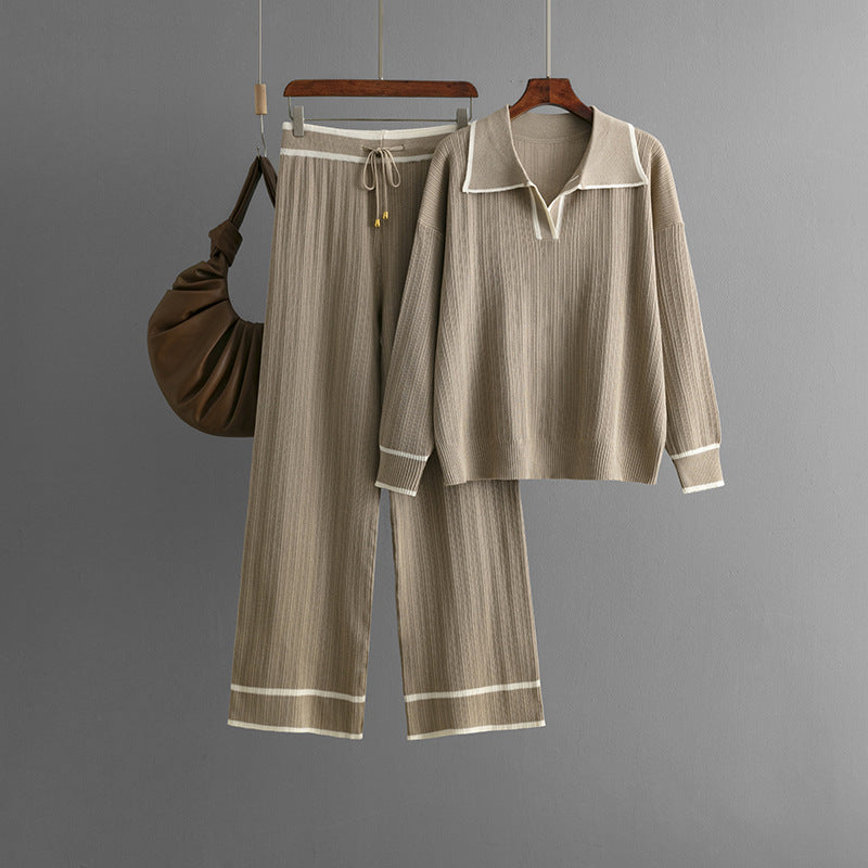 Conjunto informal de dos piezas de punto adelgazante con cintura alta y cuello polo de color contrastante para otoño e invierno