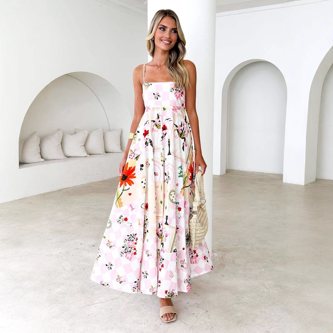 Vestido de verano con estampado de espalda descubierta y tirantes sexys, de cintura alta y vuelo grande para mujer